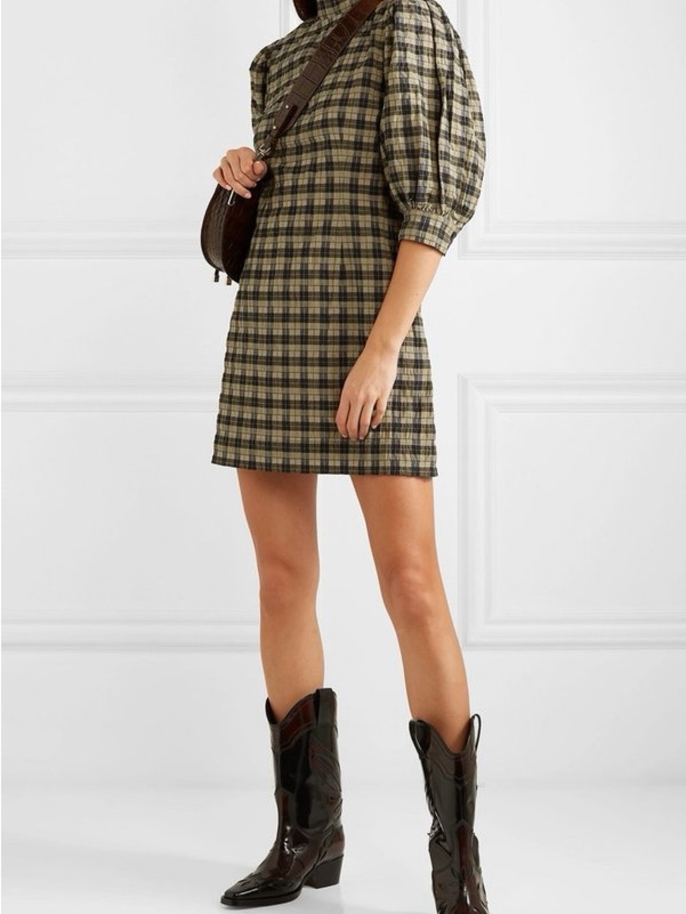 Ganni Seersucker Plaid Puff-Sleeve Mini Dress - Picture 3 of 7